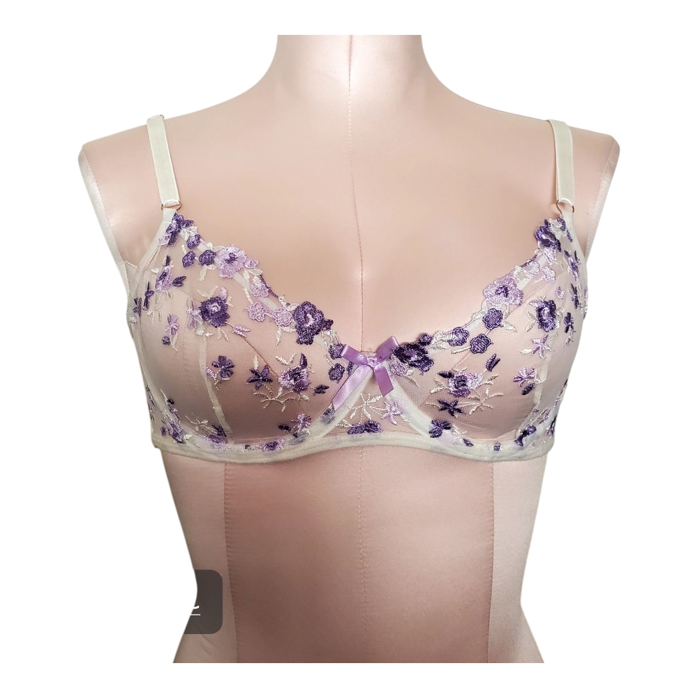 Floral Embroidered Bra - Purple & Cream